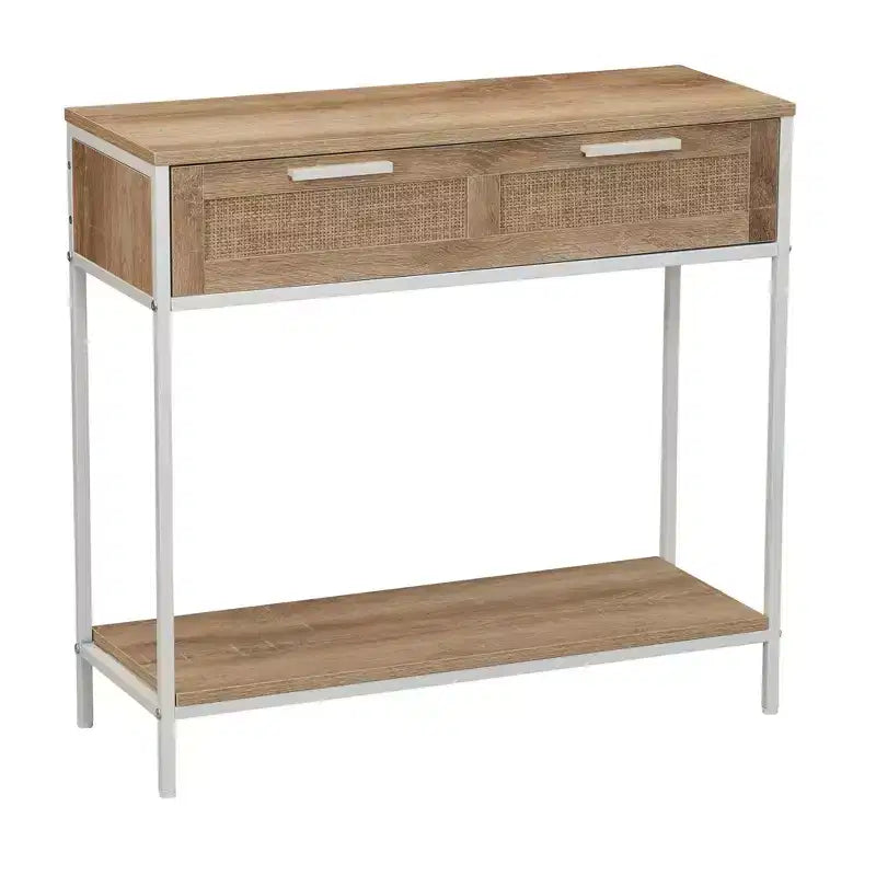  Rectangular Console Sofa Table with Storage Shelf and 2 Drawers Coastal Oak Rustic Wood Grain Woven Front and White Metal