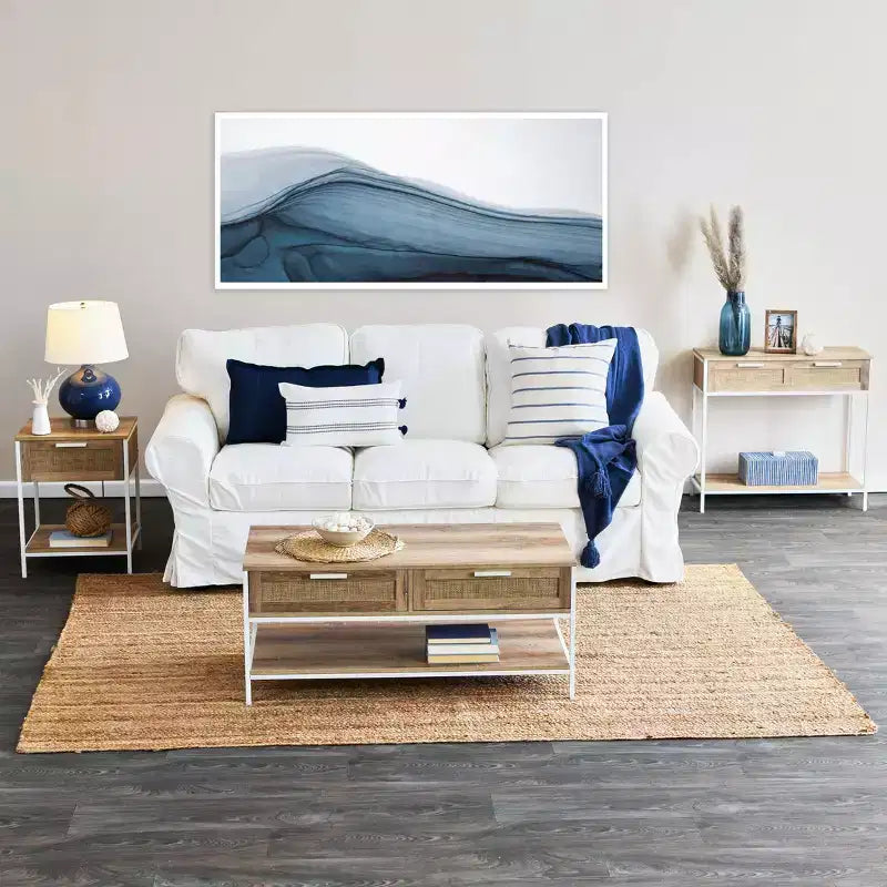 Rectangular Console Sofa Table with Storage Shelf and 2 Drawers Coastal Oak Rustic Wood Grain Woven Front and White Metal