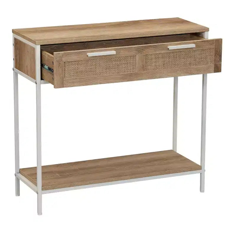 Rectangular Console Sofa Table with Storage Shelf and 2 Drawers Coastal Oak Rustic Wood Grain Woven Front and White Metal