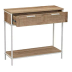 Consolle rettangolare con ripiano portaoggetti e 2 cassetti, effetto legno rustico di quercia, parte frontale intrecciata e metallo bianco