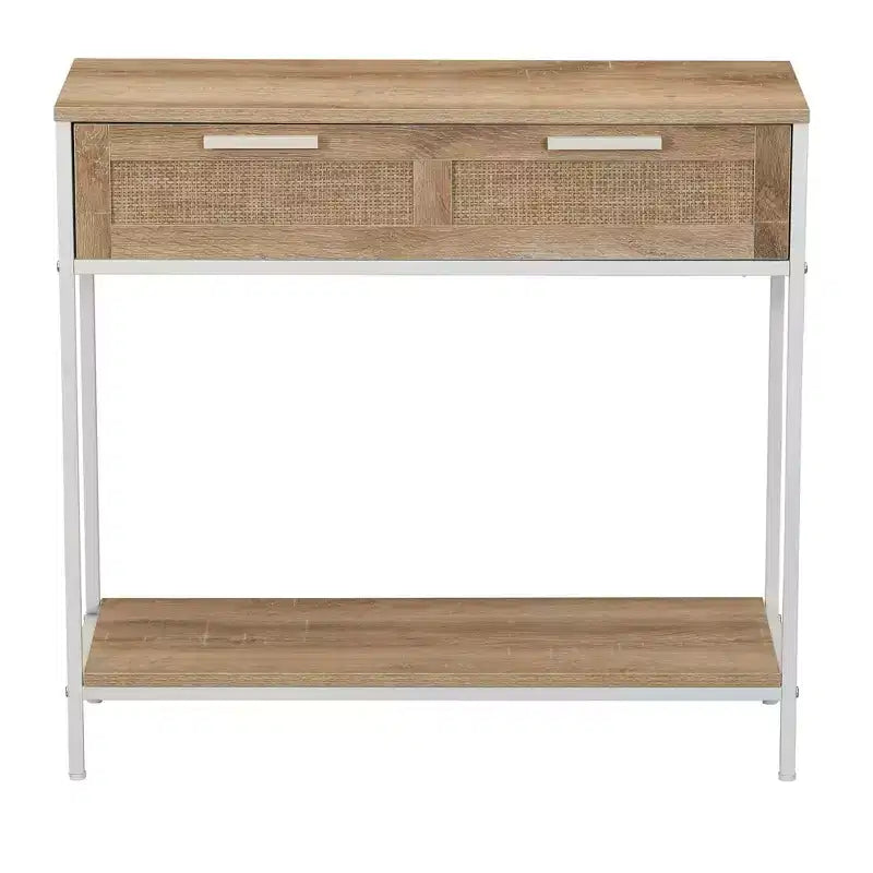 Rectangular Console Sofa Table with Storage Shelf and 2 Drawers Coastal Oak Rustic Wood Grain Woven Front and White Metal