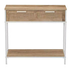 Consolle rettangolare con ripiano portaoggetti e 2 cassetti, effetto legno rustico di quercia, parte frontale intrecciata e metallo bianco