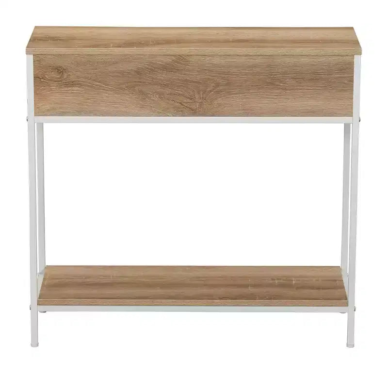 Rectangular Console Sofa Table with Storage Shelf and 2 Drawers Coastal Oak Rustic Wood Grain Woven Front and White Metal