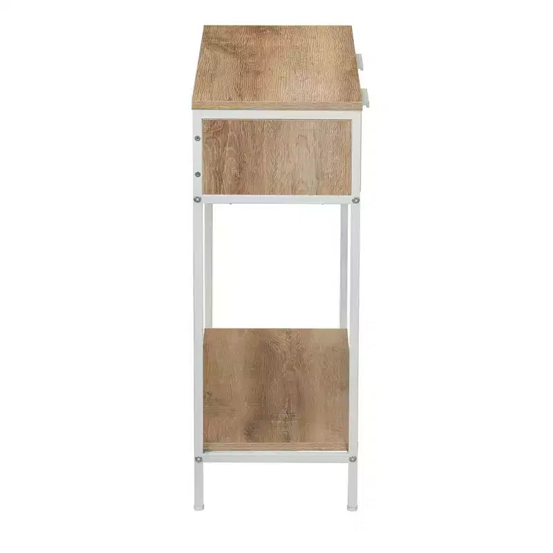 Rectangular Console Sofa Table with Storage Shelf and 2 Drawers Coastal Oak Rustic Wood Grain Woven Front and White Metal