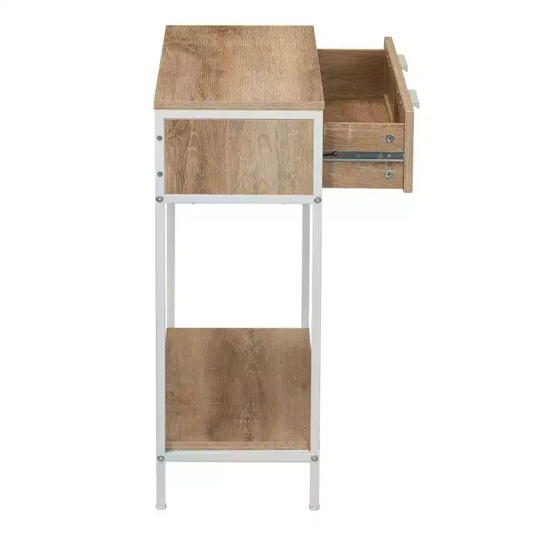 Rectangular Console Sofa Table with Storage Shelf and 2 Drawers Coastal Oak Rustic Wood Grain Woven Front and White Metal