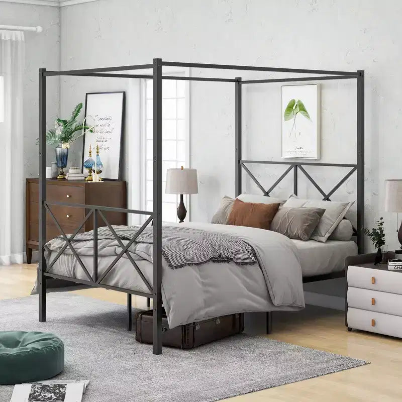 Queen/Full Size Metal Canopy Bed Frame, Platform Bed Frame with X Shaped Headboard and Slat Support, Black -
