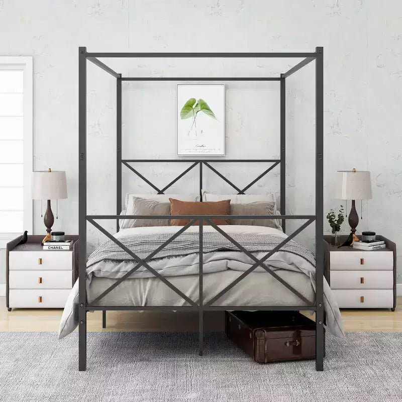 Queen/Full Size Metal Canopy Bed Frame, Platform Bed Frame with X Shaped Headboard and Slat Support, Black -