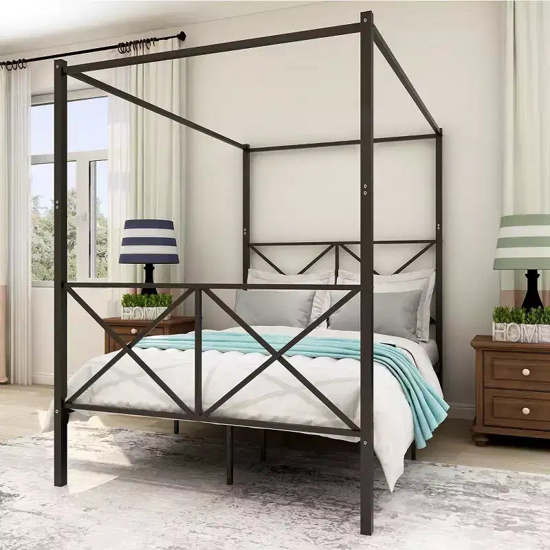 Queen/Full Size Metal Canopy Bed Frame, Platform Bed Frame with X Shaped Headboard and Slat Support, Black -