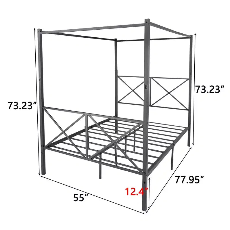 Queen/Full Size Metal Canopy Bed Frame, Platform Bed Frame with X Shaped Headboard and Slat Support, Black -