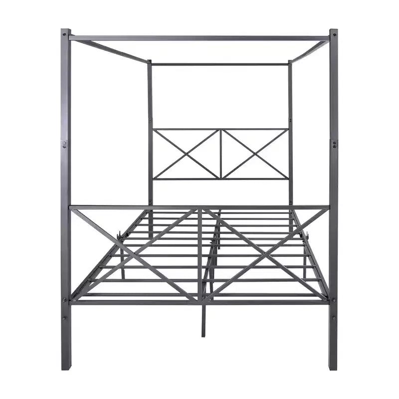 Queen/Full Size Metal Canopy Bed Frame, Platform Bed Frame with X Shaped Headboard and Slat Support, Black -