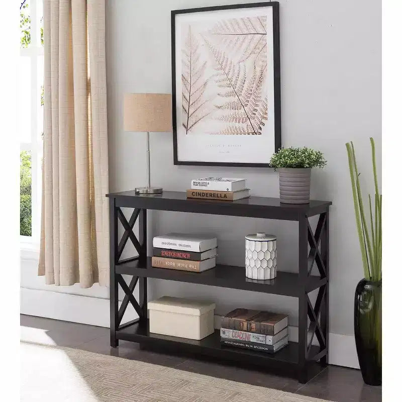  3-Tier X-Design Console Entryway Sofa Table With Shelves, Black