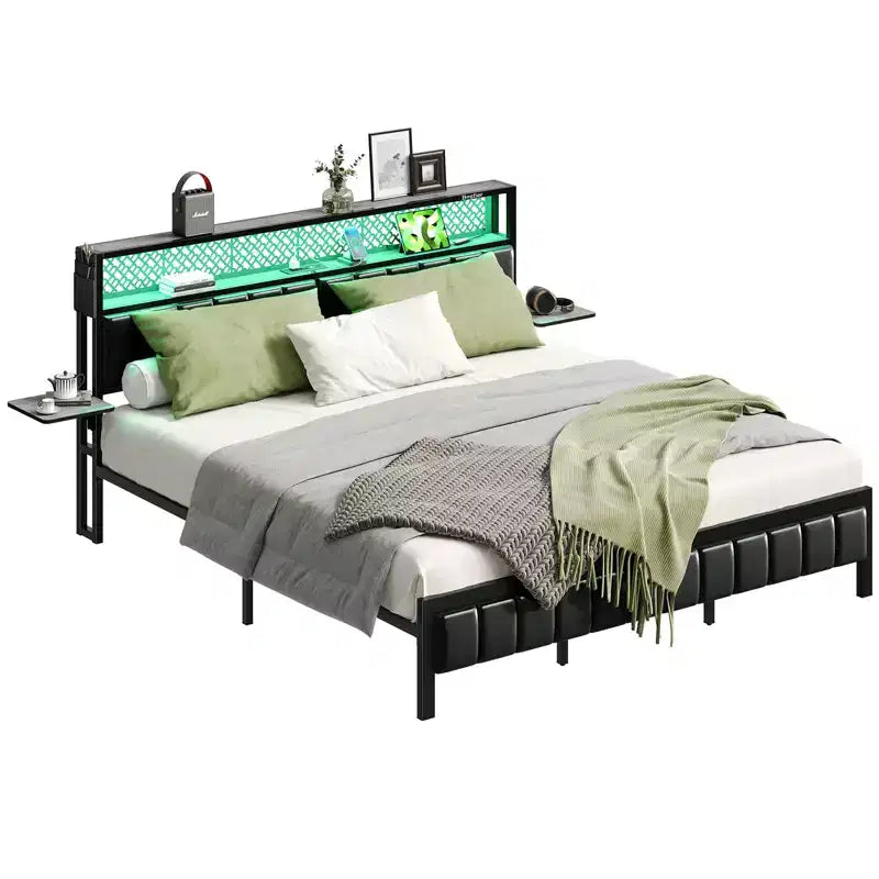 Full/King/Queen Size Bed Frame Upholstered Headboard Bed, LED Platform Bed with Foldable Trip Shelves & Storage Headboard Charge Station