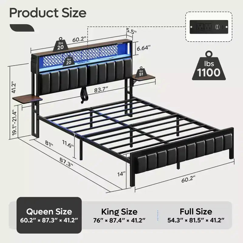 Full/King/Queen Size Bed Frame Upholstered Headboard Bed, LED Platform Bed with Foldable Trip Shelves & Storage Headboard Charge Station