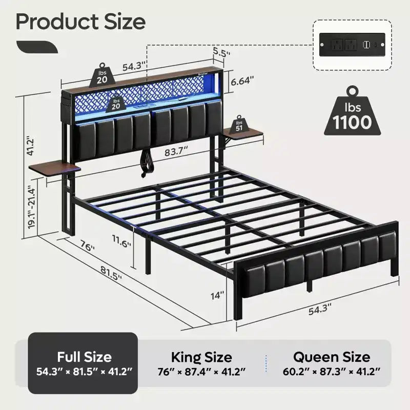 Full/King/Queen Size Bed Frame Upholstered Headboard Bed, LED Platform Bed with Foldable Trip Shelves & Storage Headboard Charge Station