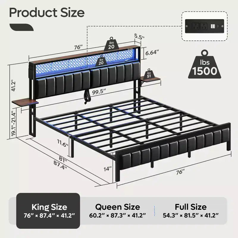Full/King/Queen Size Bed Frame Upholstered Headboard Bed, LED Platform Bed with Foldable Trip Shelves & Storage Headboard Charge Station