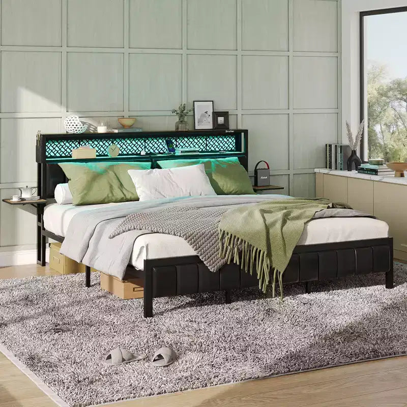 Full/King/Queen Size Bed Frame Upholstered Headboard Bed, LED Platform Bed with Foldable Trip Shelves & Storage Headboard Charge Station