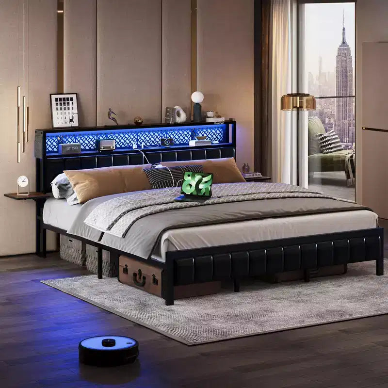 Full/King/Queen Size Bed Frame Upholstered Headboard Bed, LED Platform Bed with Foldable Trip Shelves & Storage Headboard Charge Station