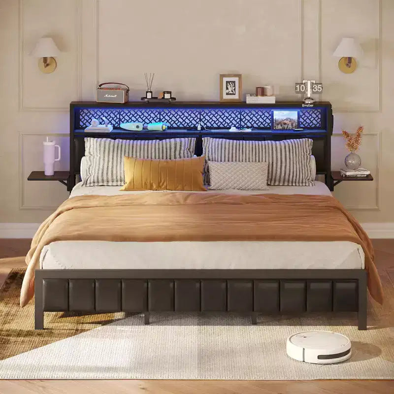 Full/King/Queen Size Bed Frame Upholstered Headboard Bed, LED Platform Bed with Foldable Trip Shelves & Storage Headboard Charge Station