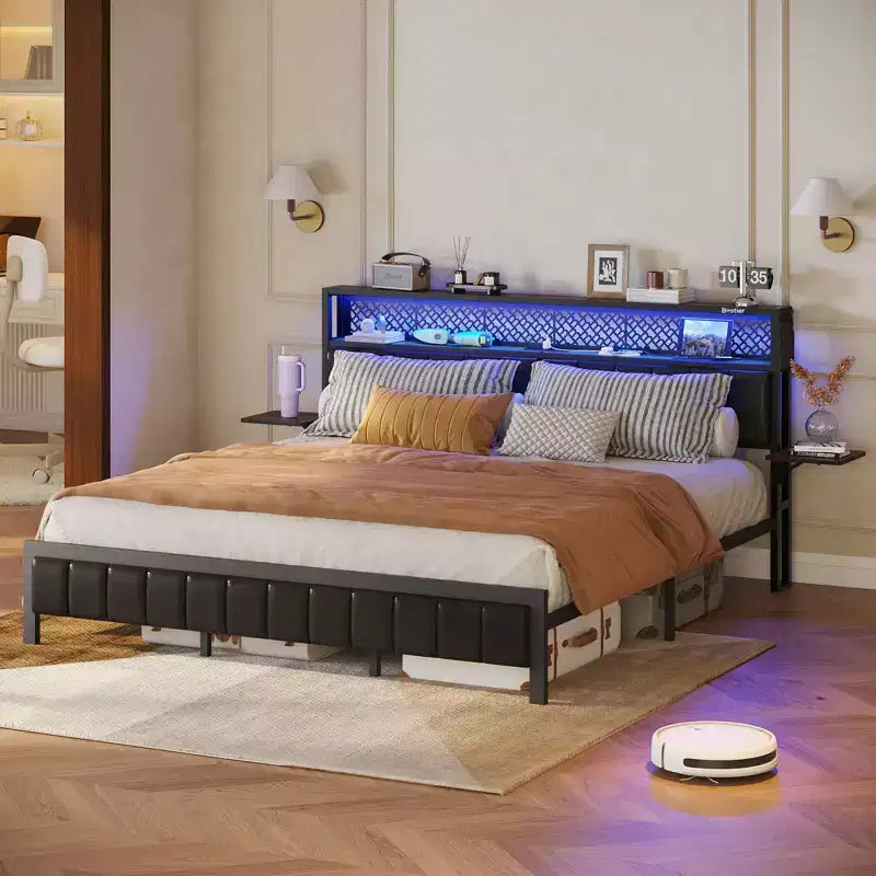 Full/King/Queen Size Bed Frame Upholstered Headboard Bed, LED Platform Bed with Foldable Trip Shelves & Storage Headboard Charge Station