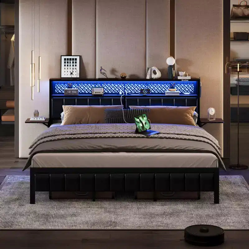 Full/King/Queen Size Bed Frame Upholstered Headboard Bed, LED Platform Bed with Foldable Trip Shelves & Storage Headboard Charge Station