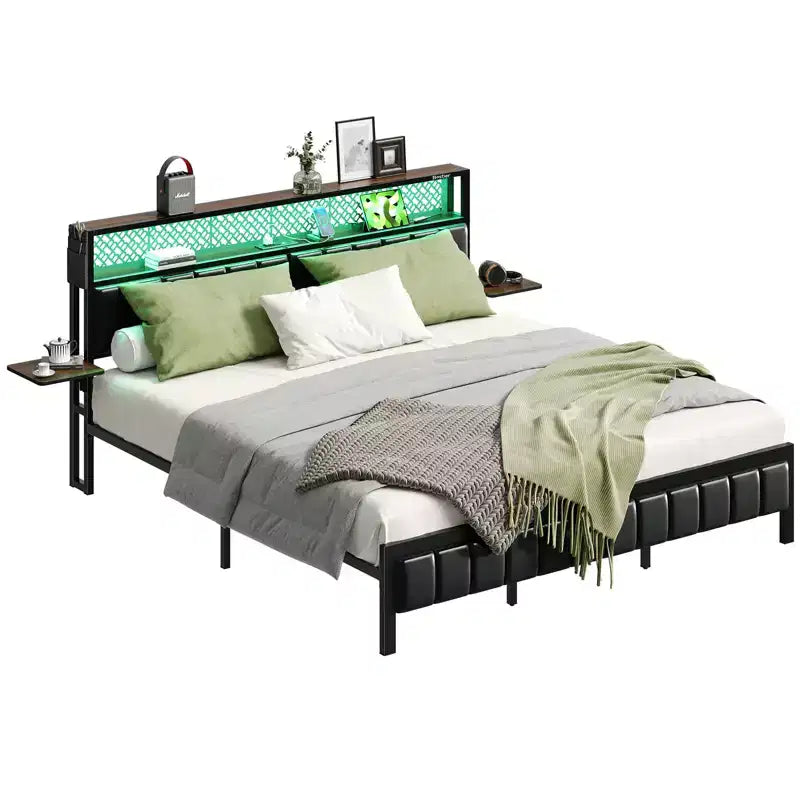Full/King/Queen Size Bed Frame Upholstered Headboard Bed, LED Platform Bed with Foldable Trip Shelves & Storage Headboard Charge Station