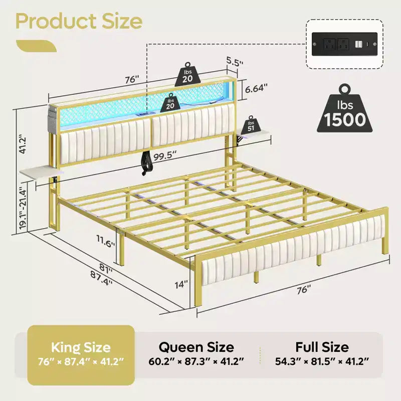 Full/King/Queen Size Bed Frame Upholstered Headboard Bed, LED Platform Bed with Foldable Trip Shelves & Storage Headboard Charge Station