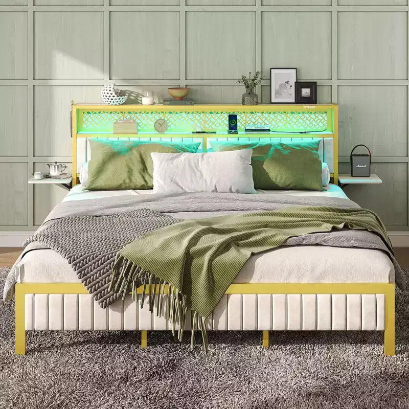 Full/King/Queen Size Bed Frame Upholstered Headboard Bed, LED Platform Bed with Foldable Trip Shelves & Storage Headboard Charge Station