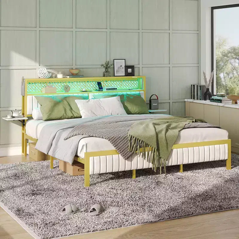 Full/King/Queen Size Bed Frame Upholstered Headboard Bed, LED Platform Bed with Foldable Trip Shelves & Storage Headboard Charge Station