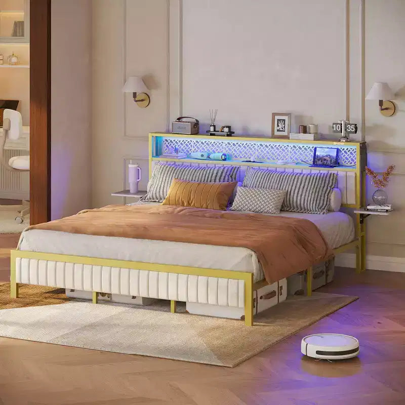 Full/King/Queen Size Bed Frame Upholstered Headboard Bed, LED Platform Bed with Foldable Trip Shelves & Storage Headboard Charge Station