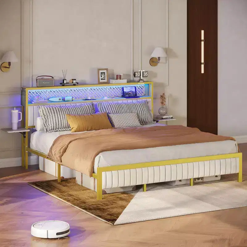 Full/King/Queen Size Bed Frame Upholstered Headboard Bed, LED Platform Bed with Foldable Trip Shelves & Storage Headboard Charge Station