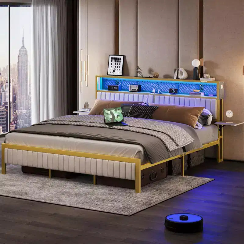 Full/King/Queen Size Bed Frame Upholstered Headboard Bed, LED Platform Bed with Foldable Trip Shelves & Storage Headboard Charge Station