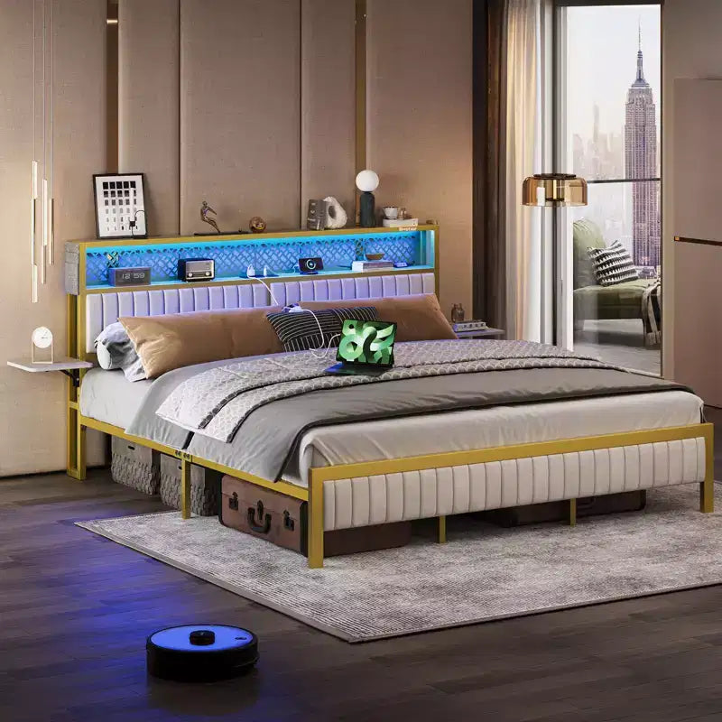 Full/King/Queen Size Bed Frame Upholstered Headboard Bed, LED Platform Bed with Foldable Trip Shelves & Storage Headboard Charge Station