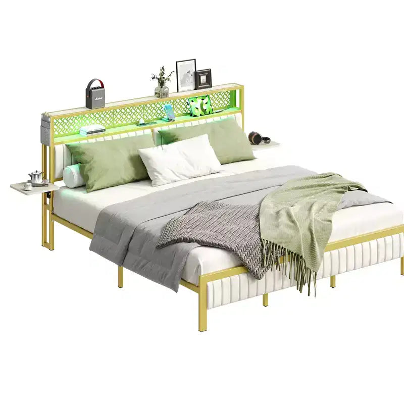 Full/King/Queen Size Bed Frame Upholstered Headboard Bed, LED Platform Bed with Foldable Trip Shelves & Storage Headboard Charge Station