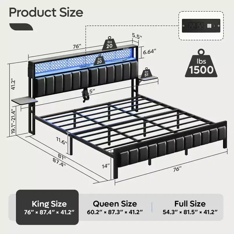 Full/King/Queen Size Bed Frame Upholstered Headboard Bed, LED Platform Bed with Foldable Trip Shelves & Storage Headboard Charge Station