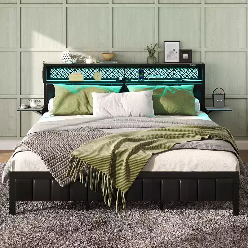 Full/King/Queen Size Bed Frame Upholstered Headboard Bed, LED Platform Bed with Foldable Trip Shelves & Storage Headboard Charge Station