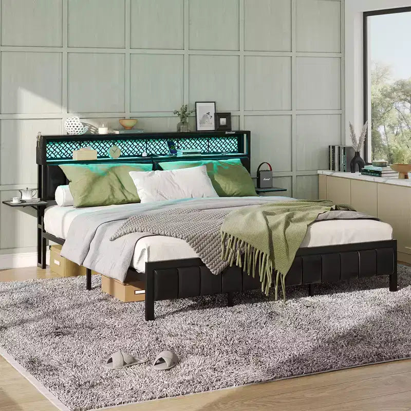 Full/King/Queen Size Bed Frame Upholstered Headboard Bed, LED Platform Bed with Foldable Trip Shelves & Storage Headboard Charge Station