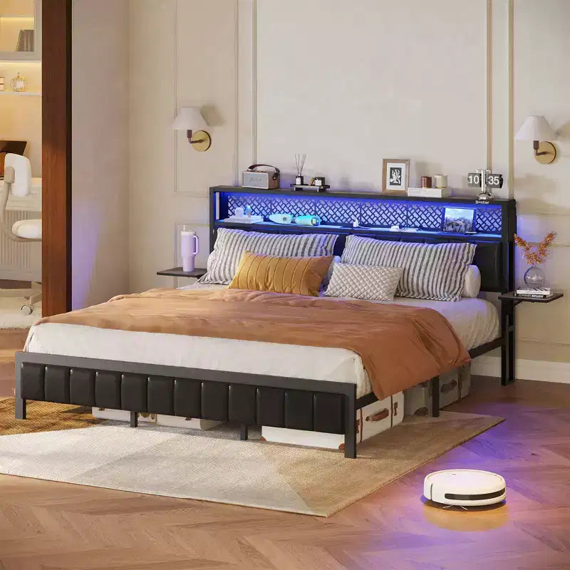 Full/King/Queen Size Bed Frame Upholstered Headboard Bed, LED Platform Bed with Foldable Trip Shelves & Storage Headboard Charge Station