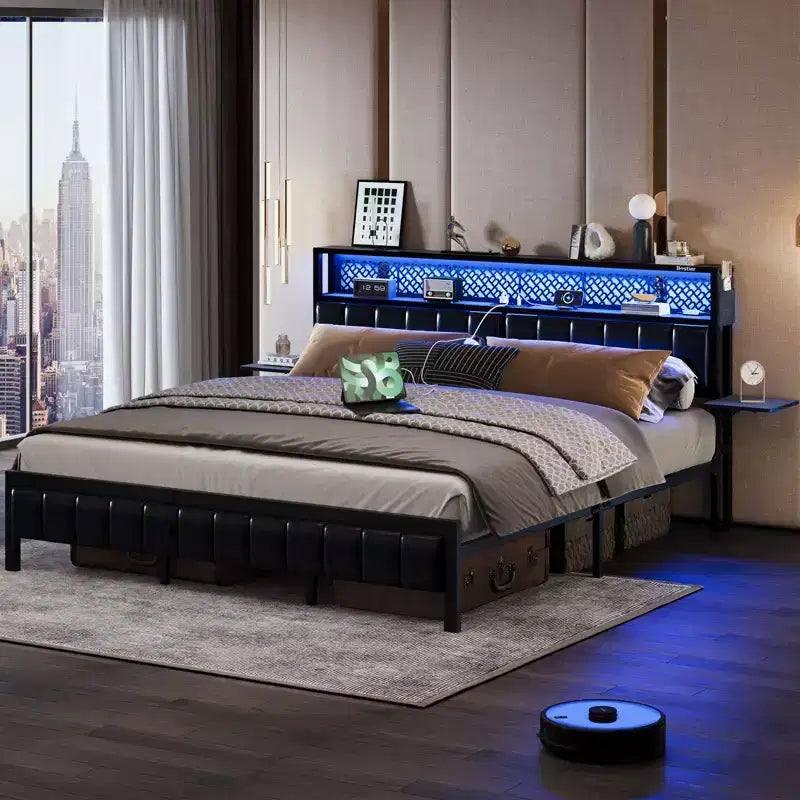 Full/King/Queen Size Bed Frame Upholstered Headboard Bed, LED Platform Bed with Foldable Trip Shelves & Storage Headboard Charge Station