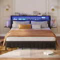  Full/King/Queen Size Bed Frame Upholstered Headboard Bed, LED Platform Bed with Foldable Trip Shelves & Storage Headboard Charge Station