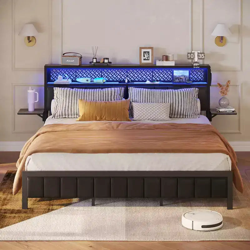  Full/King/Queen Size Bed Frame Upholstered Headboard Bed, LED Platform Bed with Foldable Trip Shelves & Storage Headboard Charge Station