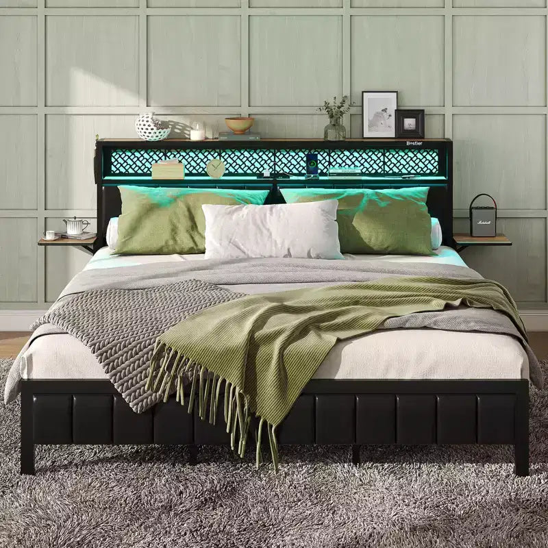 Full/King/Queen Size Bed Frame Upholstered Headboard Bed, LED Platform Bed with Foldable Trip Shelves & Storage Headboard Charge Station