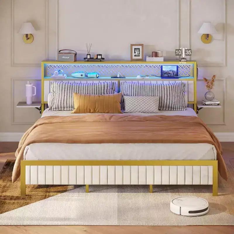 Full/King/Queen Size Bed Frame Upholstered Headboard Bed, LED Platform Bed with Foldable Trip Shelves & Storage Headboard Charge Station