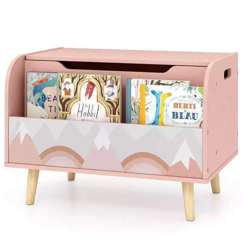 Kids Wooden Toy Box with Front Bookshelf 4 Solid Wood Legs Flip-top Lid for Nursery White/Pink