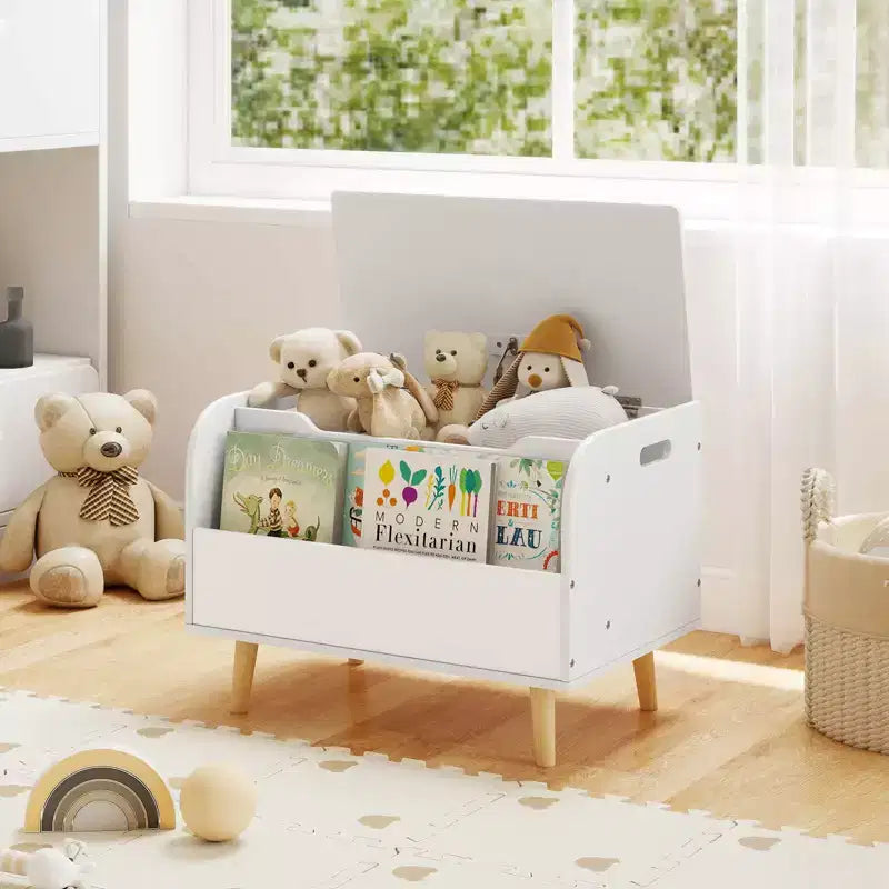 Kids Wooden Toy Box with Front Bookshelf 4 Solid Wood Legs Flip-top Lid for Nursery White/Pink