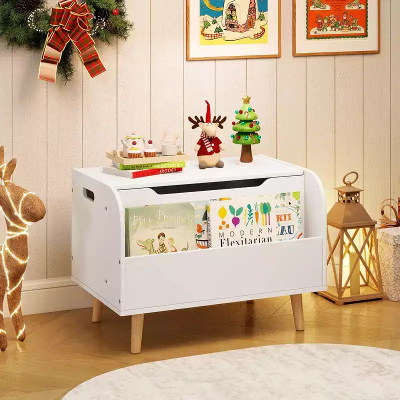Kids Wooden Toy Box with Front Bookshelf 4 Solid Wood Legs Flip-top Lid for Nursery White/Pink