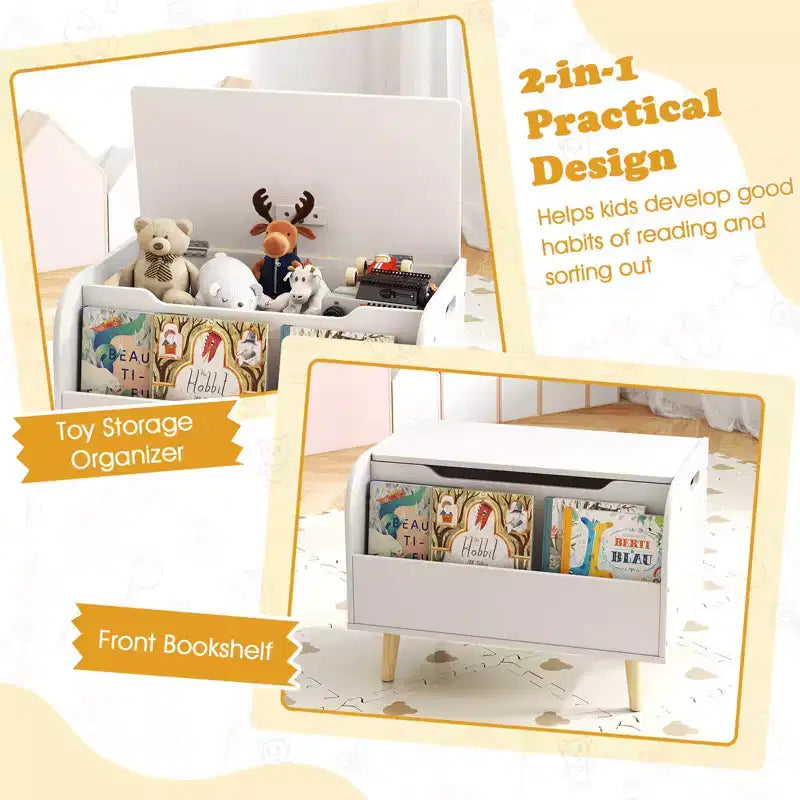 Kids Wooden Toy Box with Front Bookshelf 4 Solid Wood Legs Flip-top Lid for Nursery White/Pink