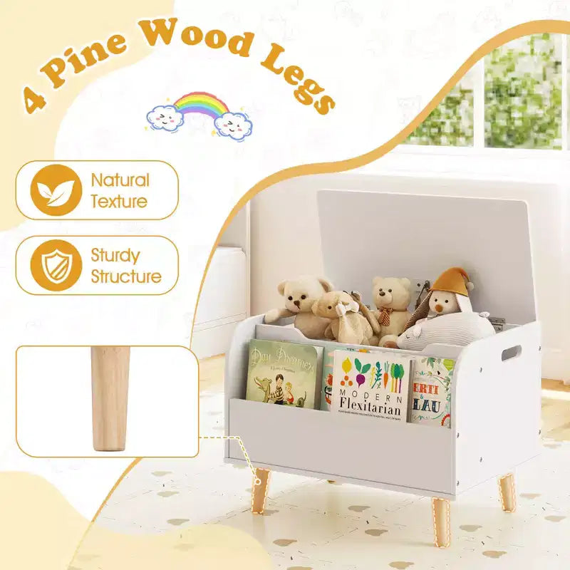 Kids Wooden Toy Box with Front Bookshelf 4 Solid Wood Legs Flip-top Lid for Nursery White/Pink