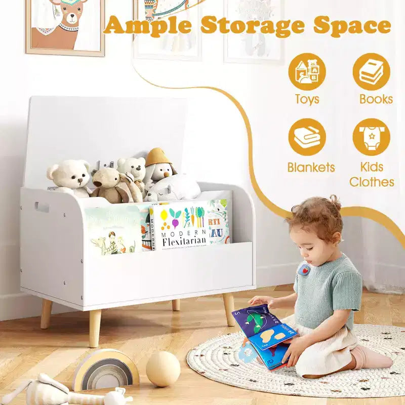 Kids Wooden Toy Box with Front Bookshelf 4 Solid Wood Legs Flip-top Lid for Nursery White/Pink
