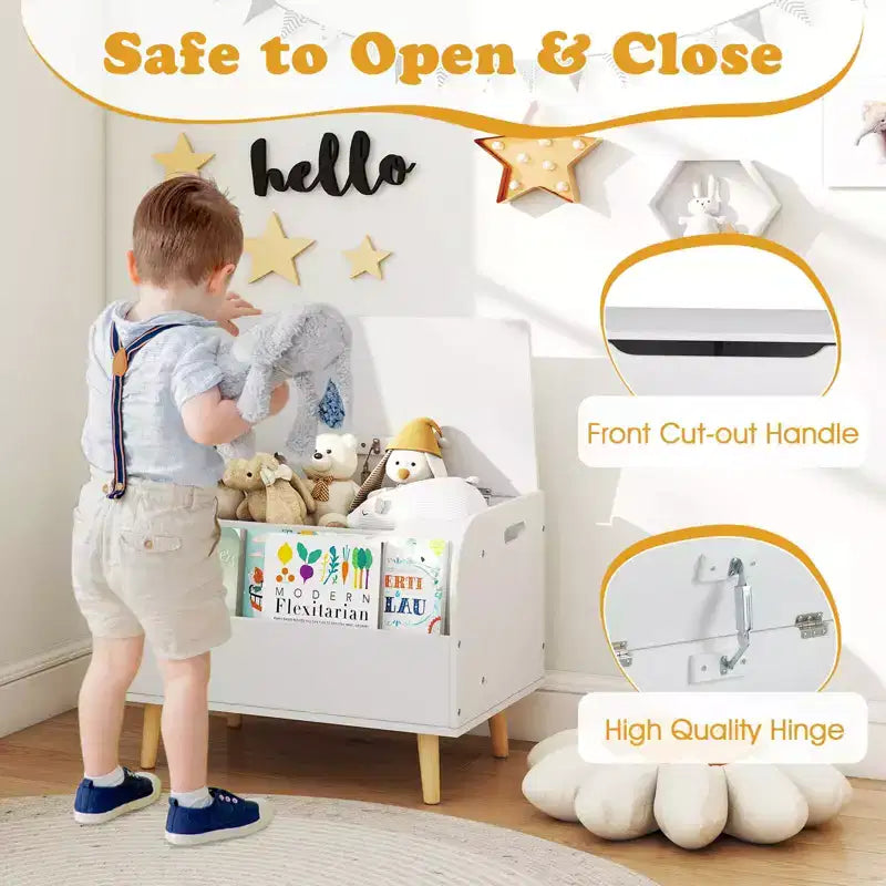 Kids Wooden Toy Box with Front Bookshelf 4 Solid Wood Legs Flip-top Lid for Nursery White/Pink