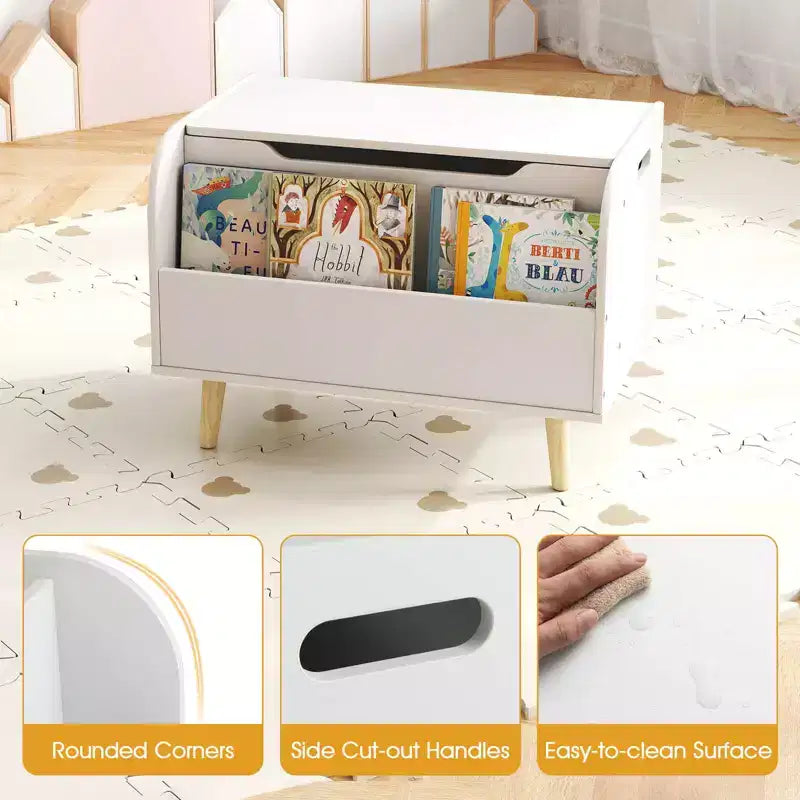 Kids Wooden Toy Box with Front Bookshelf 4 Solid Wood Legs Flip-top Lid for Nursery White/Pink